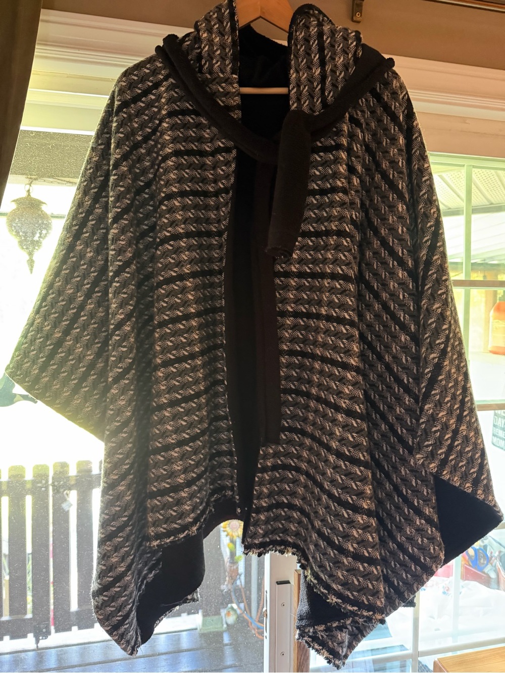 Womens Black & Gray Hooded Poncho Jacket